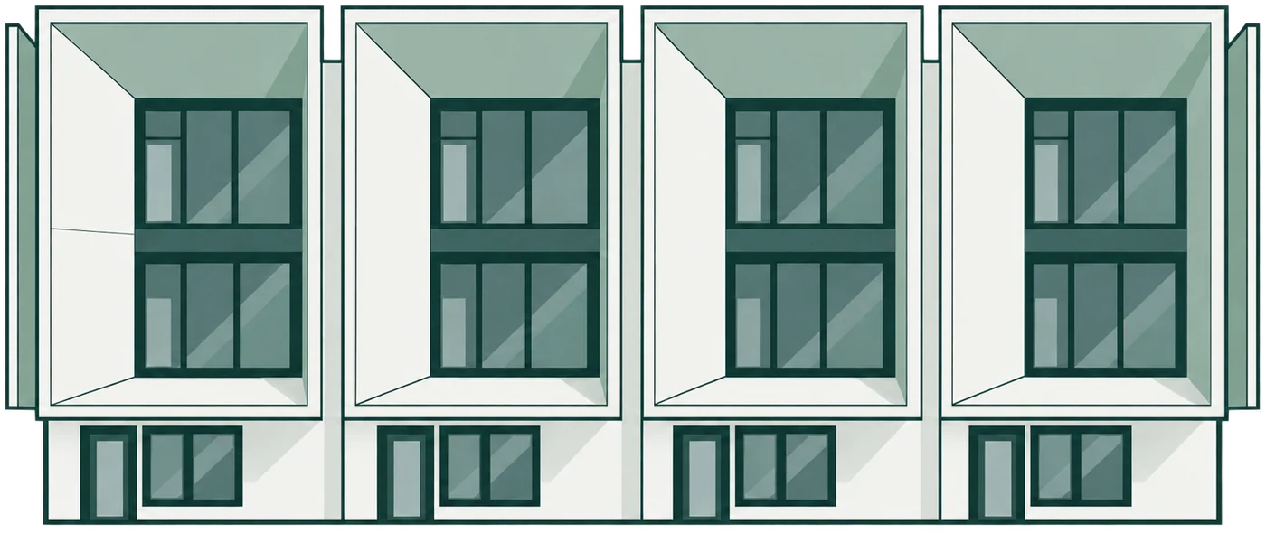 Illustration of Building 01: three-story townhomes side by side in white and soft sage, each with a large framed window bay across the upper floors and a street-level entry.