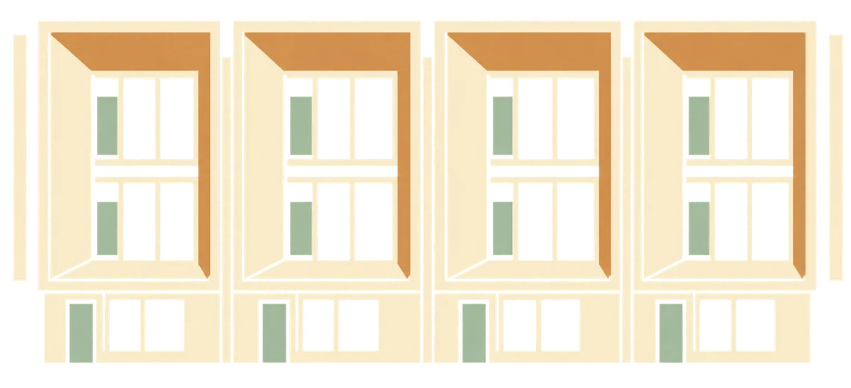 Illustration of Building 01 in warm cream tones with deep green window frames.